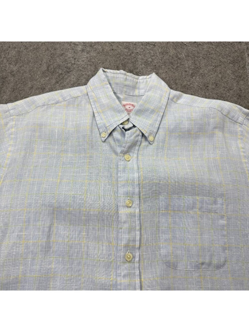 Brooks Brothers Irish Linen Shirt Men M Blue Yellow Plaid Short Sleeve